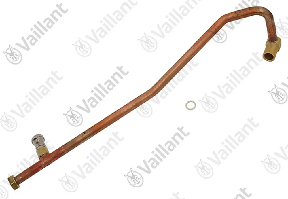 Kupferrohr von Vaillant mit gewinkeltem Verlauf und Fittings auf beiden Seiten, geeignet für Heizungs- oder Wasserversorgungsanlagen.